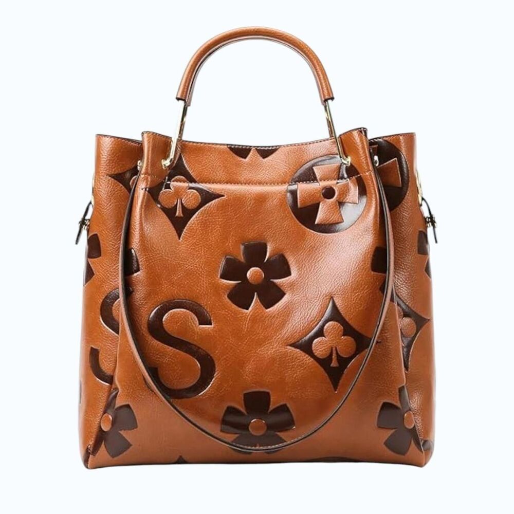 Floral Embossed Signature Tan Brown Faux Leather Top Handle Bucket Handbag
